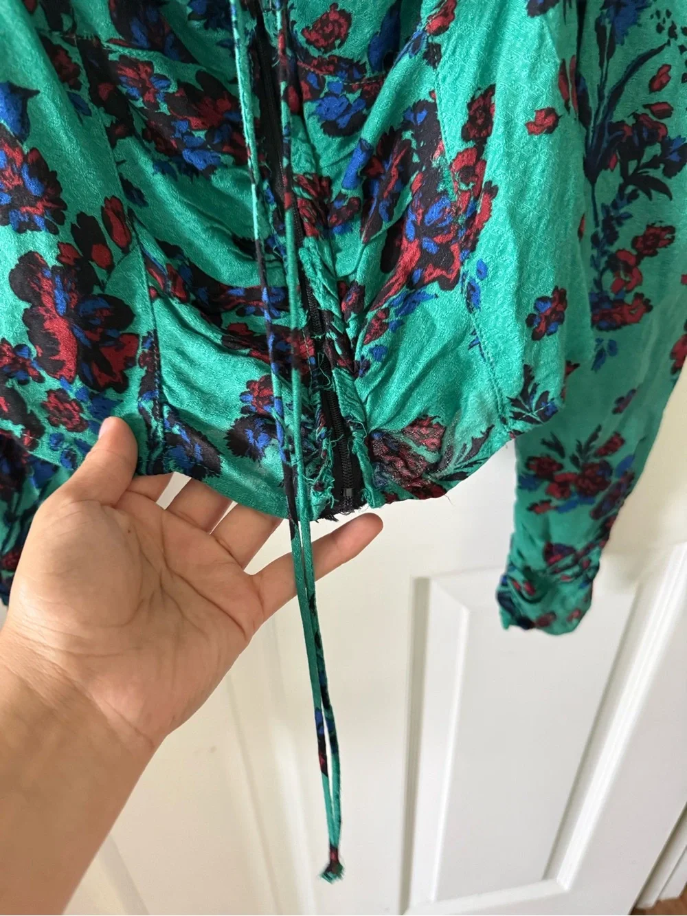 Free People Teal Floral Lace-Up Puff Sleeve Blouse